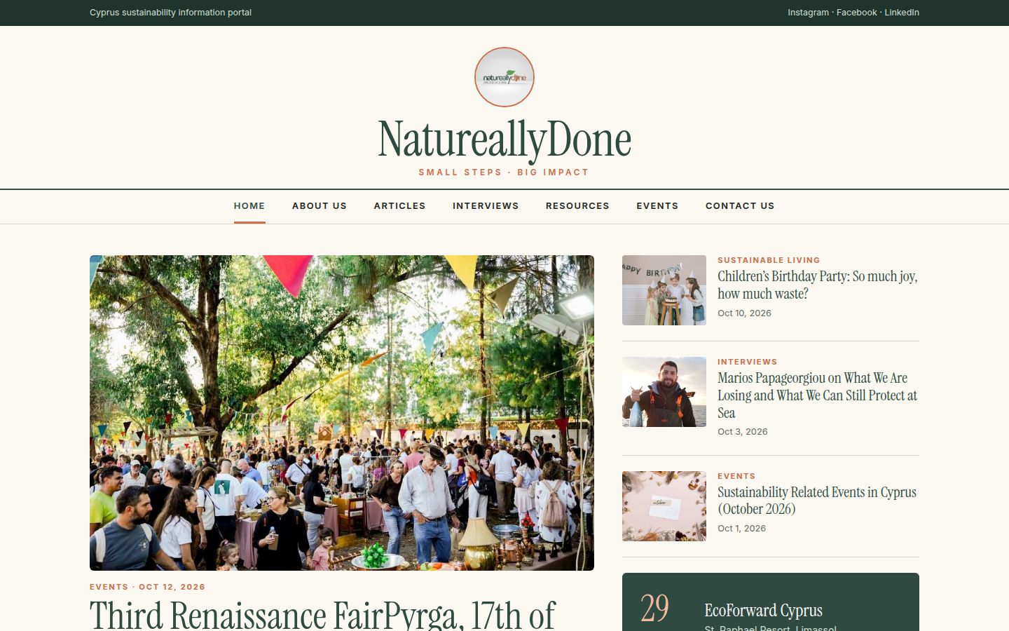 NatureallyDone home page with lead story and latest news