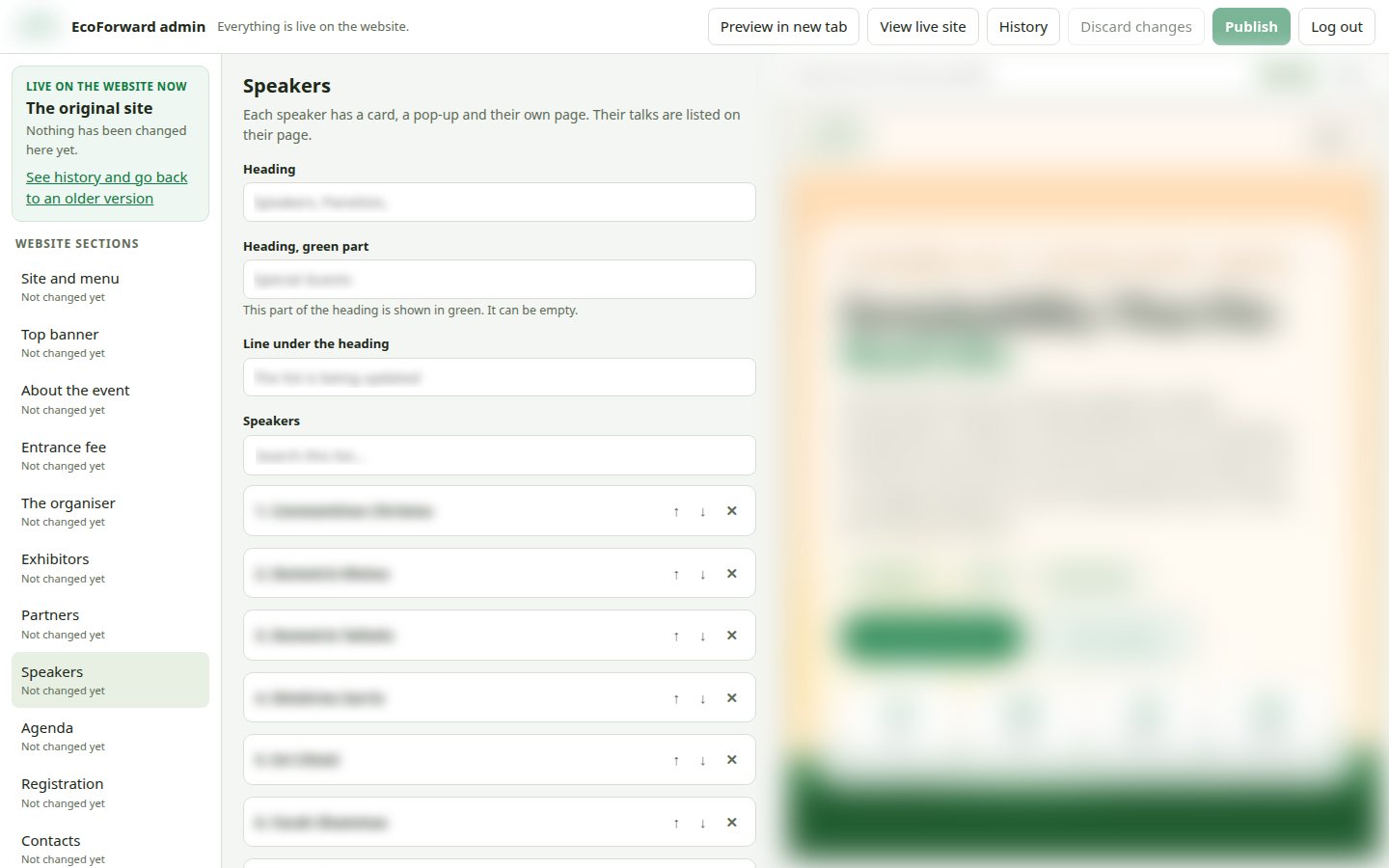 EcoForward admin speakers list, names blurred