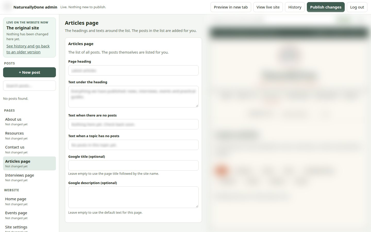 NaturallyDone admin articles page editor